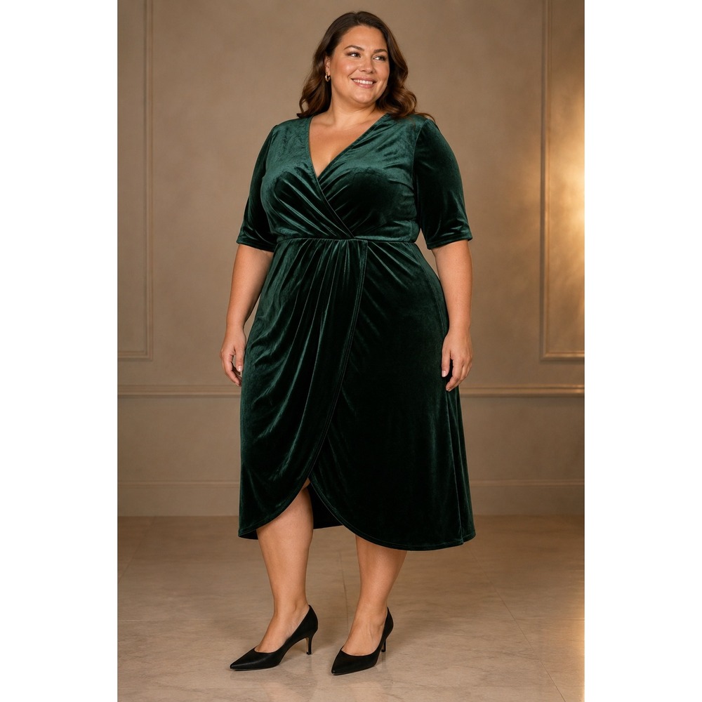 Club L London Velvet Wrap Dress Women US 22 Emerald Green Plus Cocktail